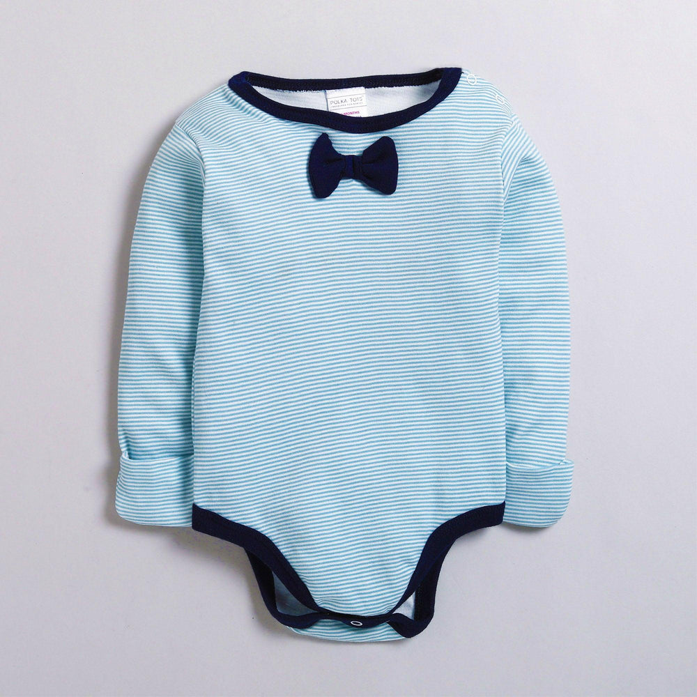 Polka Tots Full Sleeve Romper with Folded Mittens 100% Cotton Applique Bow Tie Blue