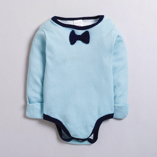 Polka Tots Full Sleeve Romper with Folded Mittens 100% Cotton Applique Bow Tie Blue