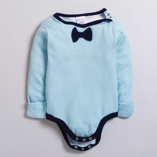 Polka Tots Full Sleeve Romper with Folded Mittens 100% Cotton Applique Bow Tie Blue