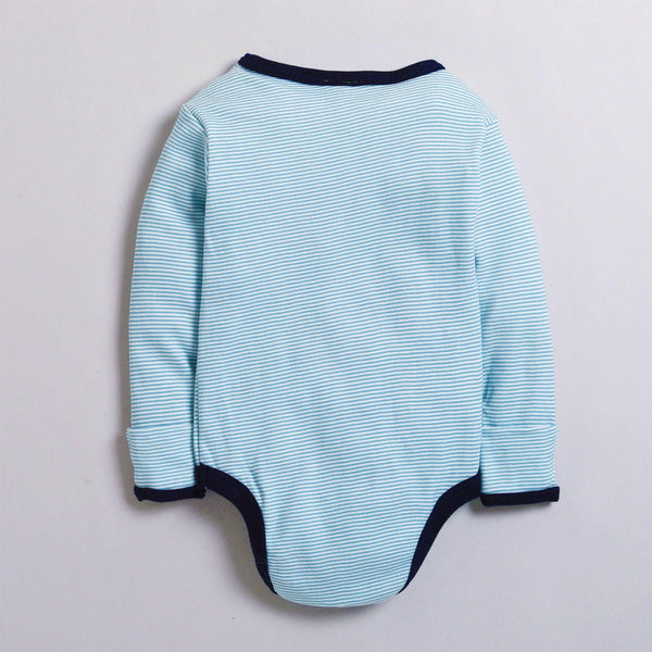 Polka Tots Full Sleeve Romper with Folded Mittens 100% Cotton Applique Bow Tie Blue
