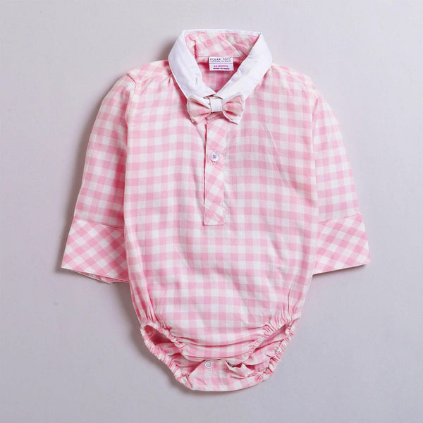 Polka Tots Partywear Full Sleeve Checked Shirt Romper with Dual Bow Tie 100% Cotton Pink