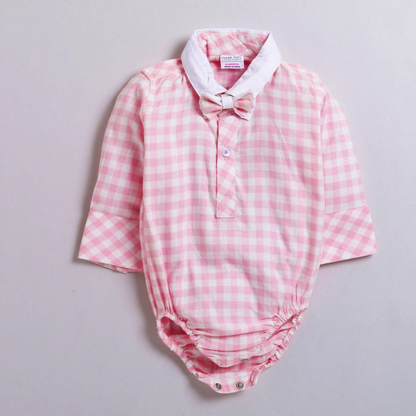 Polka Tots Partywear Full Sleeve Checked Shirt Romper with Dual Bow Tie 100% Cotton Pink