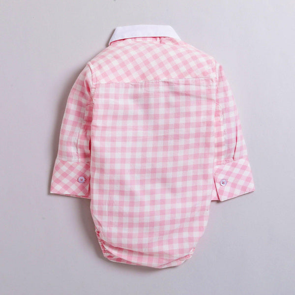 Polka Tots Partywear Full Sleeve Checked Shirt Romper with Dual Bow Tie 100% Cotton Pink
