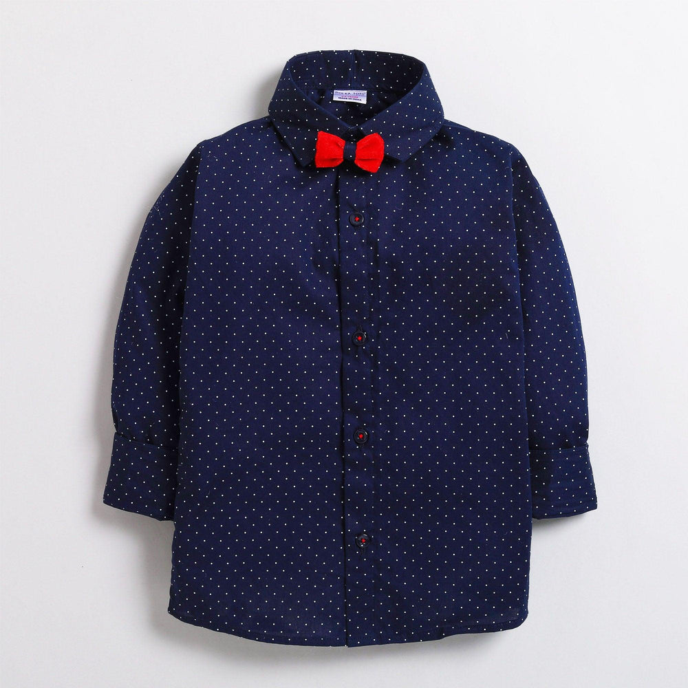 Polka Tots Partywear Full Sleeve Printed Shirt with Velvet Bow Tie 100% Cotton Navy Blue