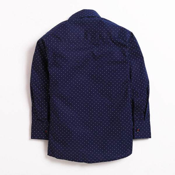 Polka Tots Partywear Full Sleeve Printed Shirt with Velvet Bow Tie 100% Cotton Navy Blue