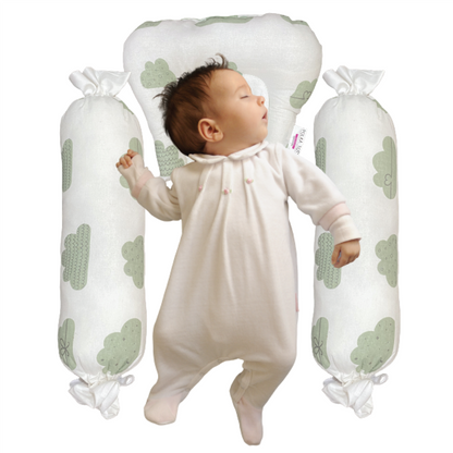 Polka Tots Cotton Baby Head Pillow & 2 Pc Bolster Pillow Set Cloud Design Green