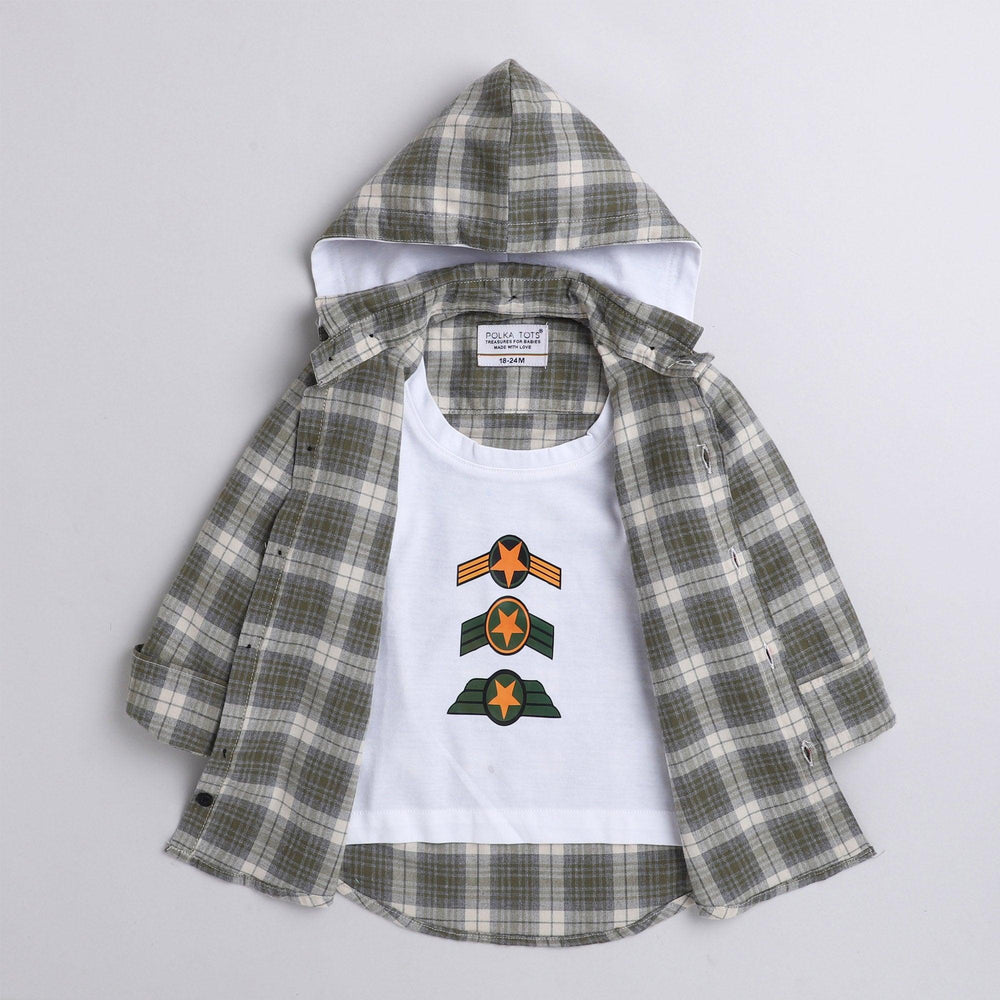 Polka Tots checks star print hoodie Tshirt shirt -Green