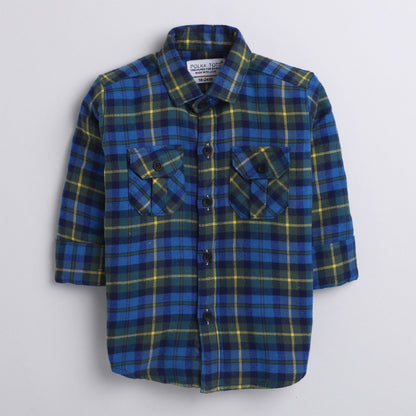 Polka Tots blue yellow checks front double pocket shirt - Blue