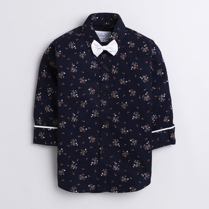 Polka Tots floral print party wear bow tie shirt - Blue