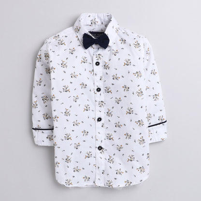 Polka Tots floral print party wear bow tie shirt - White