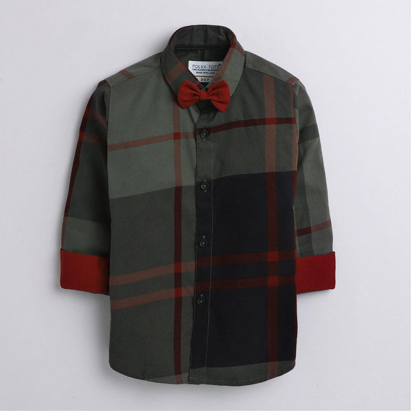 Polka Tots big checks red bow tie Kids shirt - Green
