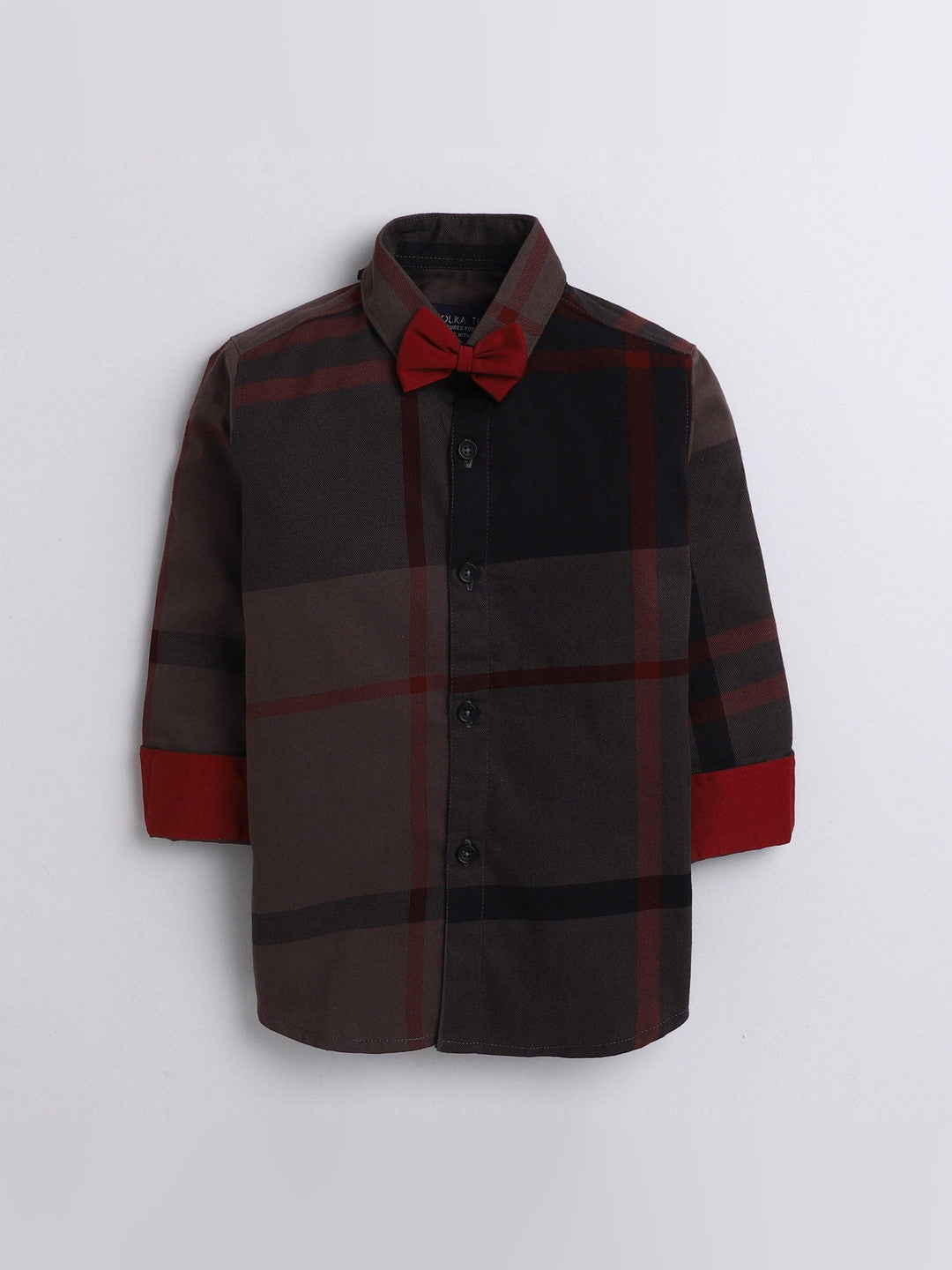 Polka Tots big checks red bow tie shirt -  Brown