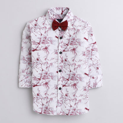 Polka Tots floral all over print marron  bow tie shirt - White