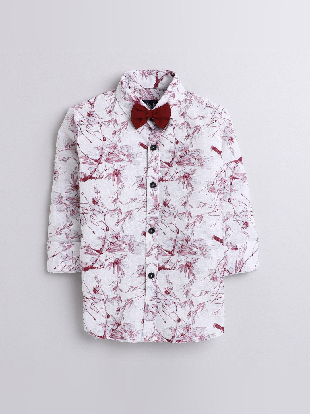 Polka Tots floral all over print marron  bow tie shirt - White