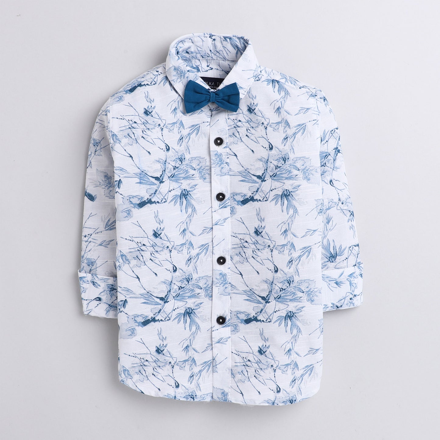Polka Tots floral all over print blue  bow tie shirt - White