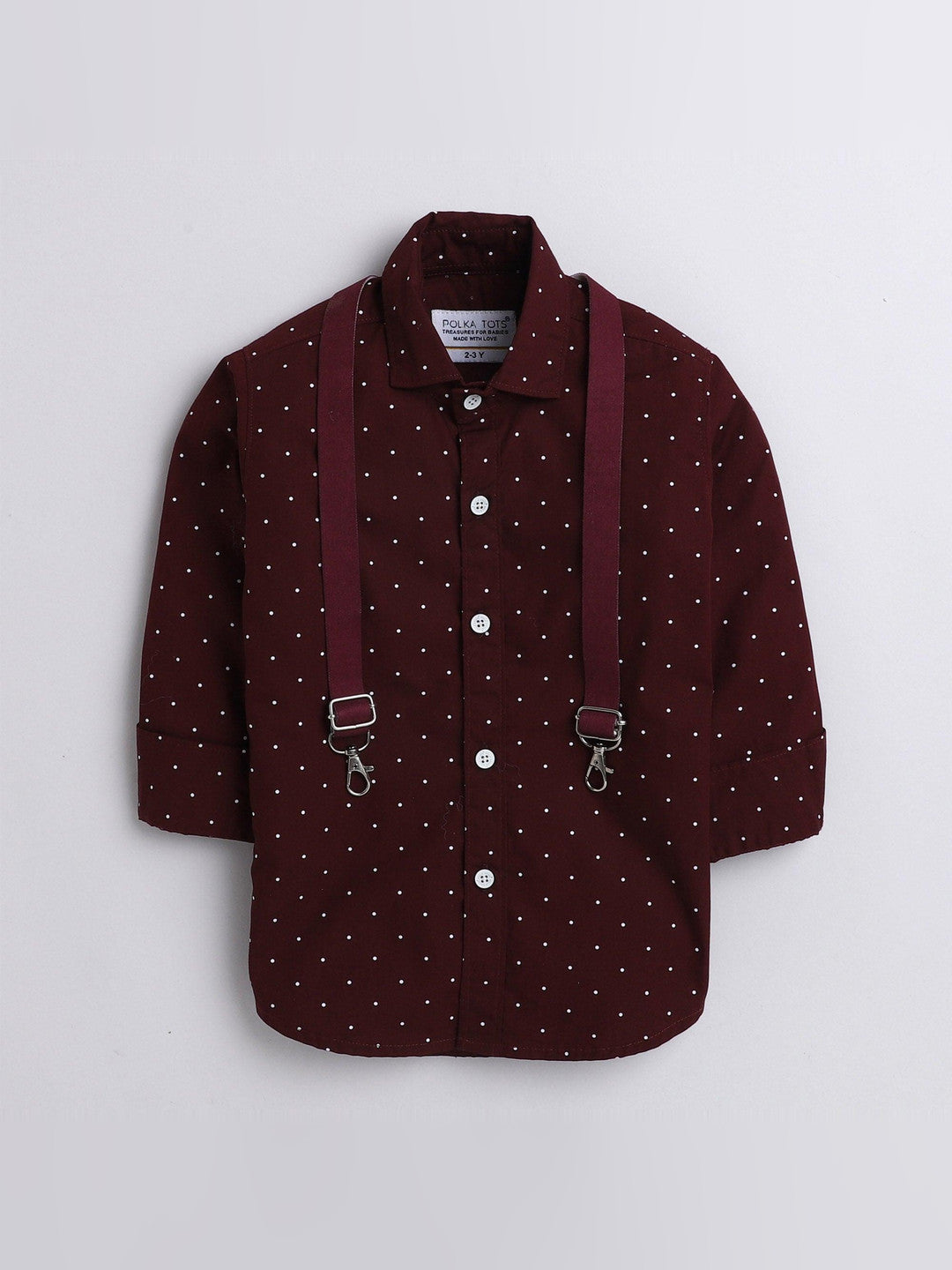 Polka tots white polka dot print shirt with suspender - Marron