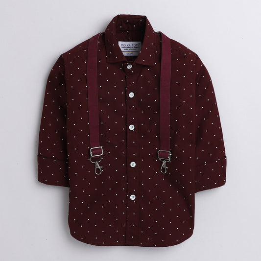 Polka tots white polka dot print shirt with suspender - Marron