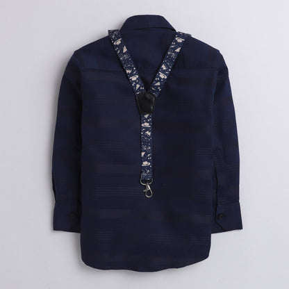 Polka Tots self stripe printed suspender shirt - Blue