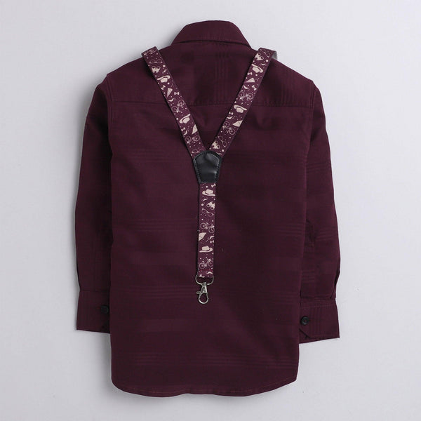 Polka Tots self stripe printed suspender shirt - Maroon
