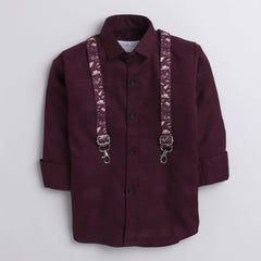 Polka Tots self stripe printed suspender shirt - Maroon