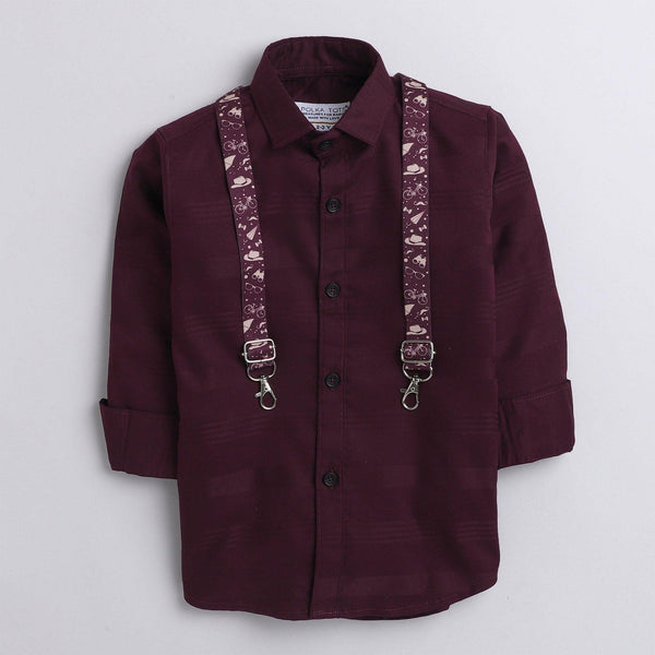 Polka Tots self stripe printed suspender shirt - Maroon