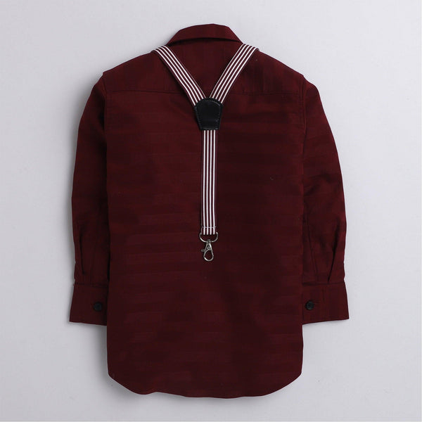 Polka Tots plain party Kids shirt with wood bow tie and stripe suspender - Maroon
