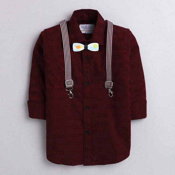 Polka Tots plain party Kids shirt with wood bow tie and stripe suspender - Maroon