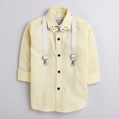 Polka Tots plain party shirt with wood bow tie and stripe suspender - Yellow