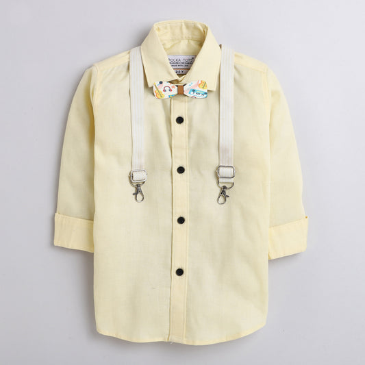 Polka Tots plain party shirt with wood bow tie and stripe suspender - Yellow