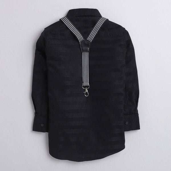Polka Tots plain party Kids shirt with wood bow tie and stripe suspender - Black