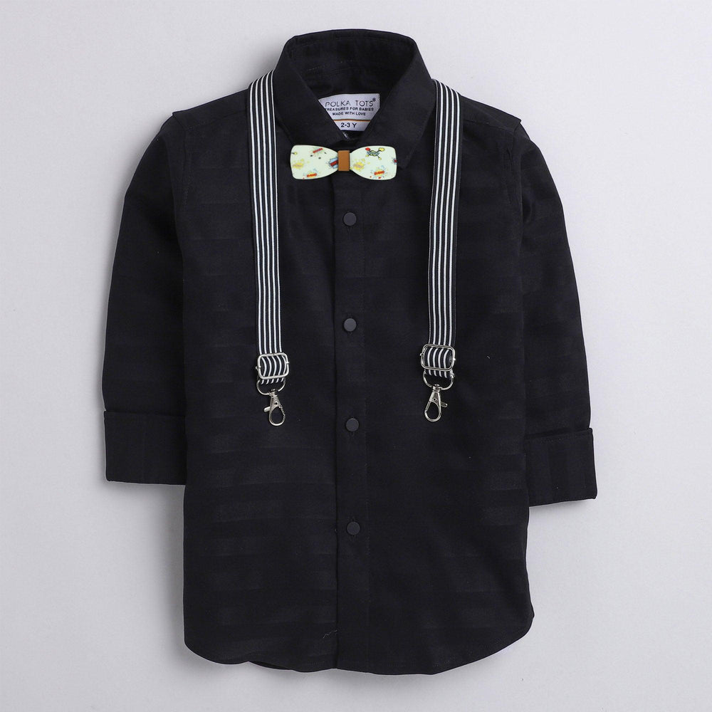 Polka Tots plain party Kids shirt with wood bow tie and stripe suspender - Black