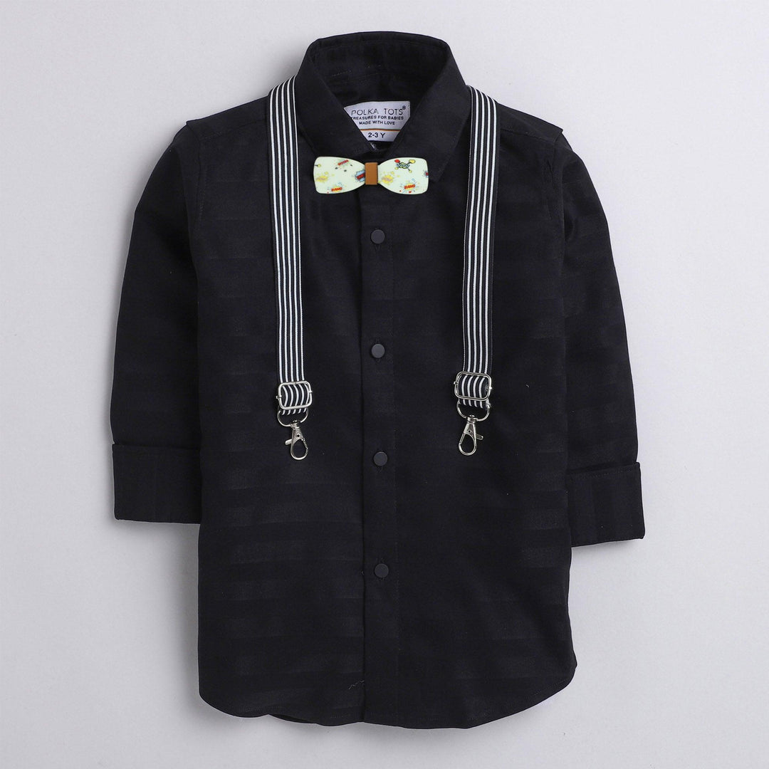 Polka Tots plain party Kids shirt with wood bow tie and stripe suspender - Black