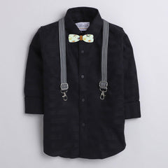 Polka Tots plain party Kids shirt with wood bow tie and stripe suspender - Black