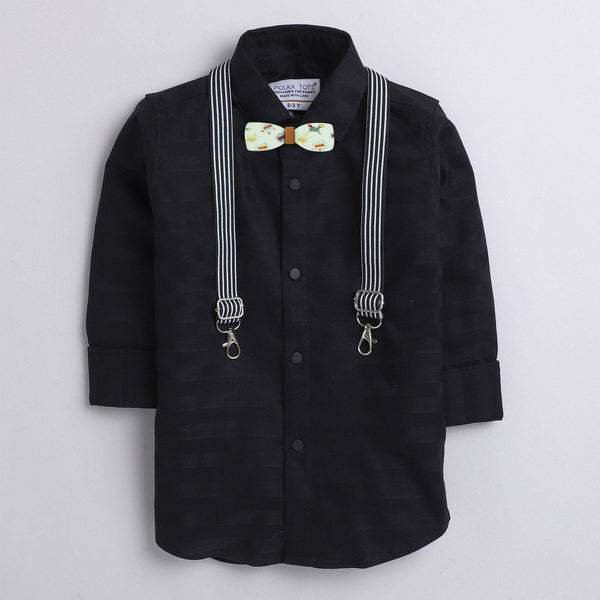 Polka Tots plain party Kids shirt with wood bow tie and stripe suspender - Black