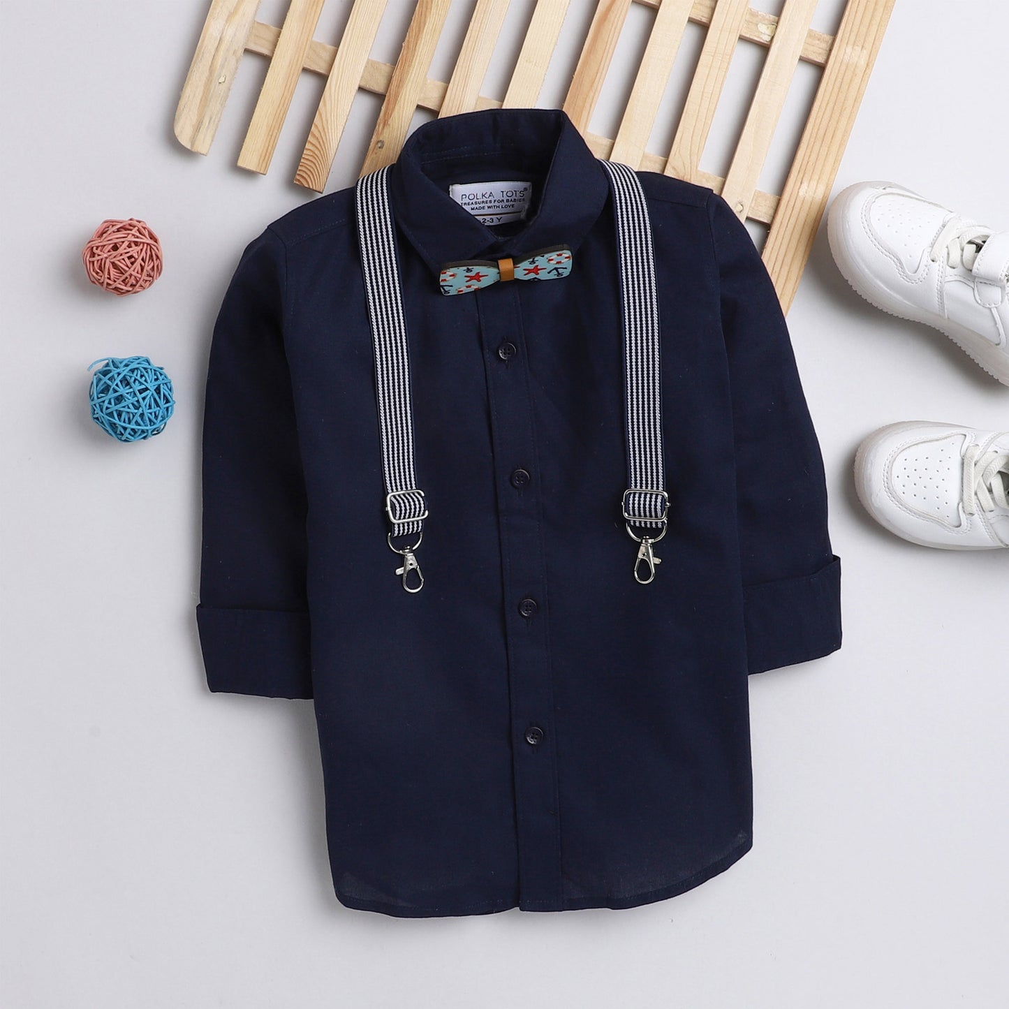 Polka Tots plain party shirt with wood bow tie and stripe suspender - Blue