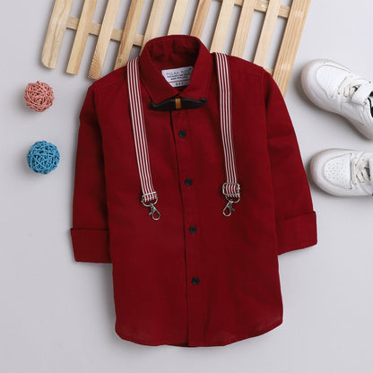 Polka Tots plain party shirt with wood bow tie and stripe suspender - Red