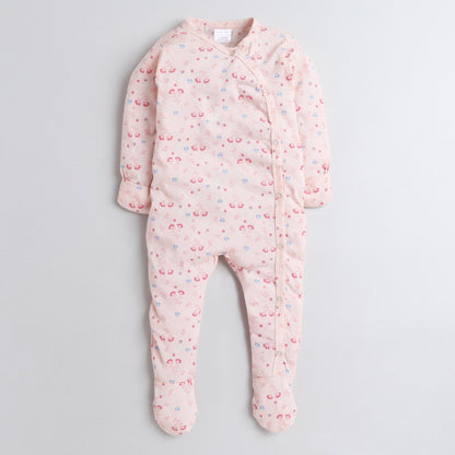Polka Tots Footsie Romper With Mittens 100% Cotton Floral - Pink