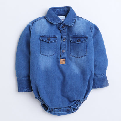Polka Tots Full Sleeve Denim Onesie with Two Pocket Flap and Lather Patch Mini Boss - Blue