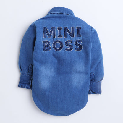 Polka Tots Full Sleeve Denim Onesie with Two Pocket Flap and Lather Patch Mini Boss - Blue