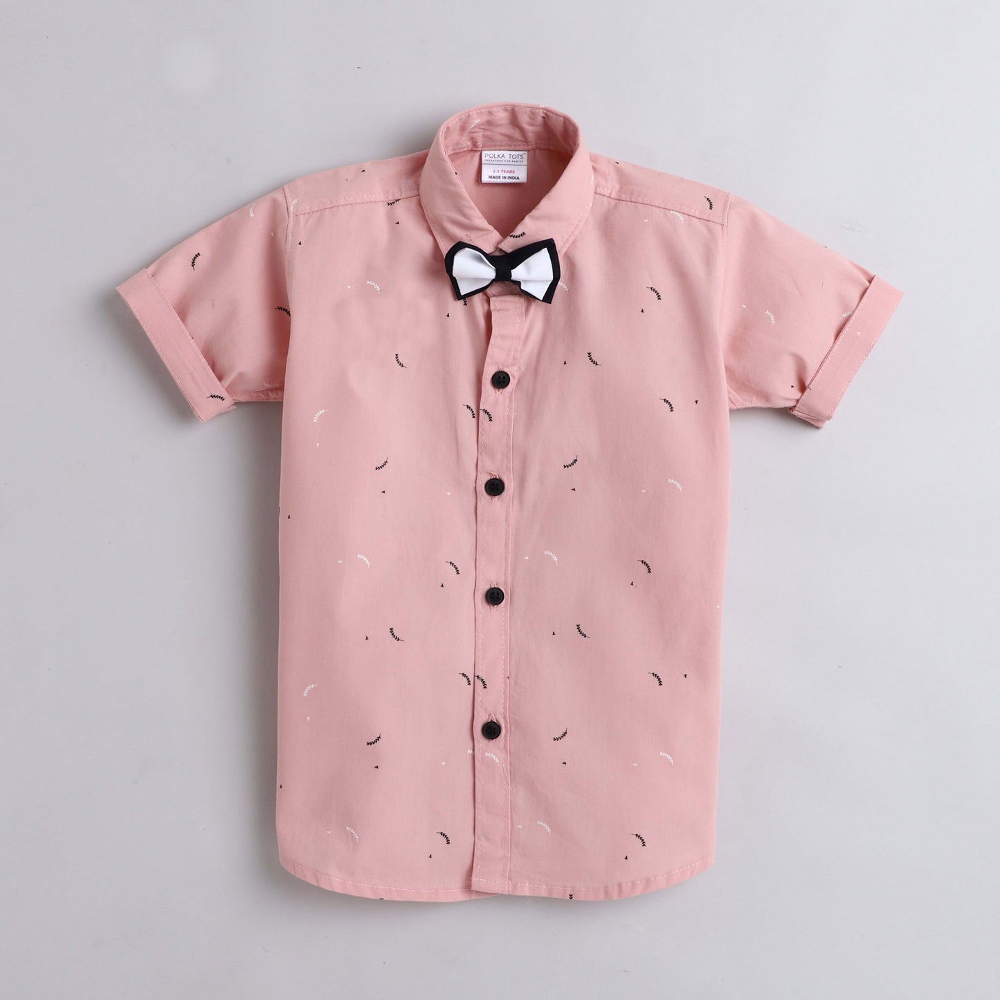 Polka Tots Half Sleeves All Over Leaves Printed Shirt With Bow Tie - Pink