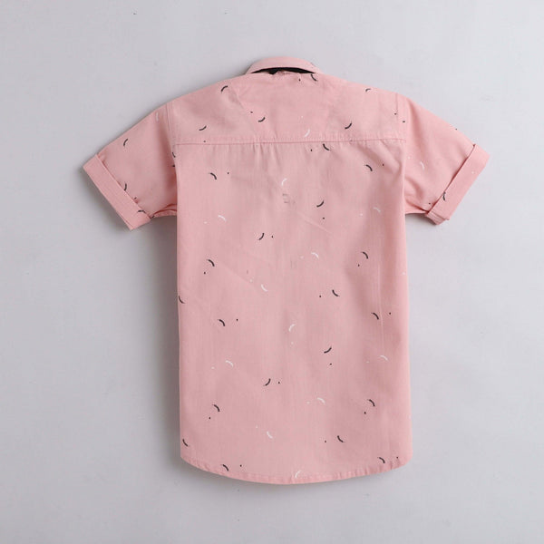 Polka Tots Half Sleeves All Over Leaves Printed Shirt With Bow Tie - Pink
