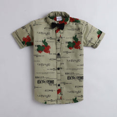 Polka Tots Half Sleeves All Over Text Printed Shirt With Bow Tie - Cream
