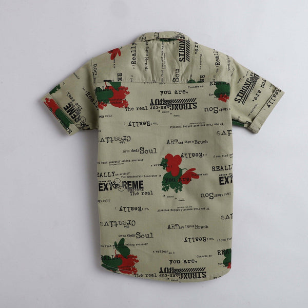 Polka Tots Half Sleeves All Over Text Printed Shirt With Bow Tie - Cream