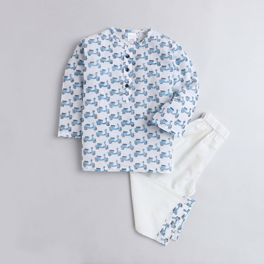 Polka Tots Scooter print Full sleeves Nightwear Kurta pyjama set -Blue
