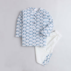 Polka Tots Scooter print Full sleeves Nightwear Kurta pyjama set -Blue