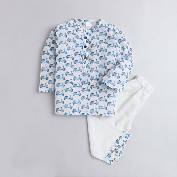 Polka Tots Scooter print Full sleeves Nightwear Kurta pyjama set -Blue