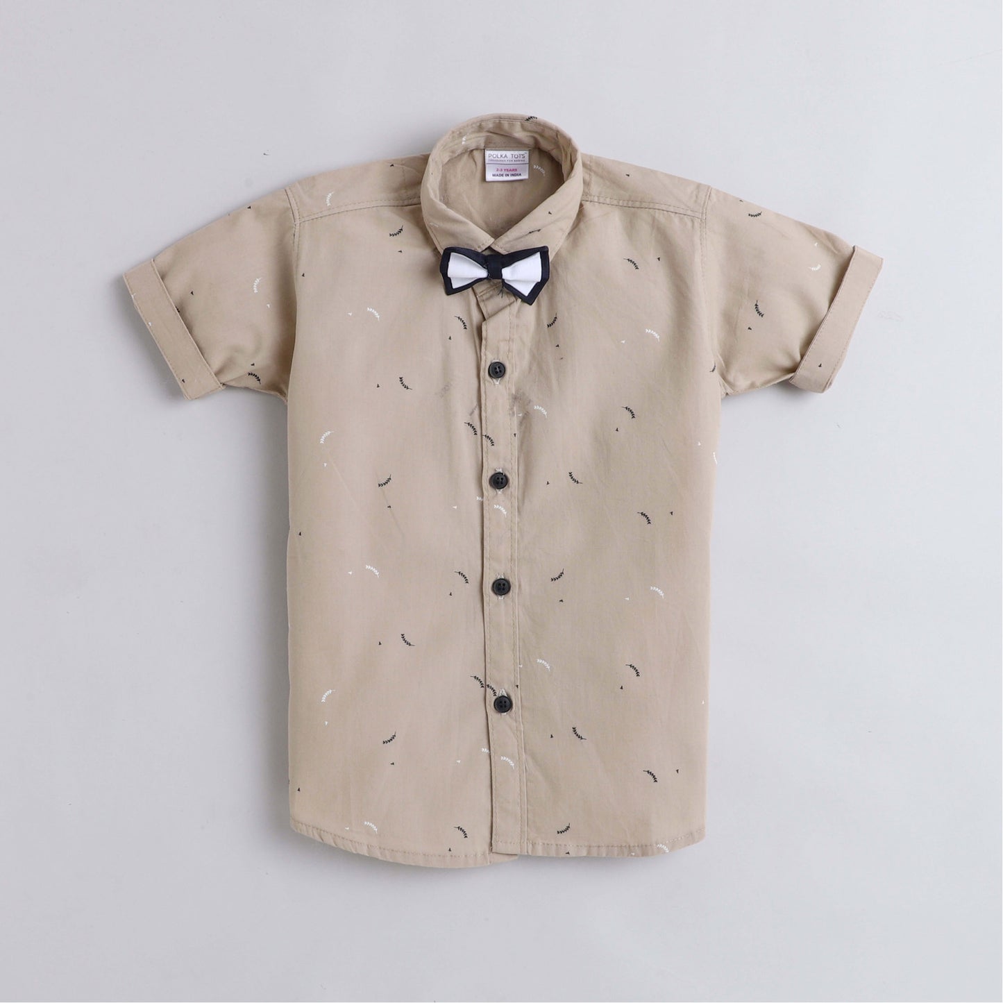 Polka Tots Half Sleeves All Over Leaves Printed Shirt With Bow Tie - Beige