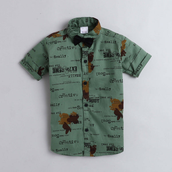 Polka Tots Half Sleeves All Over Text Printed Shirt With Bow Tie - Green