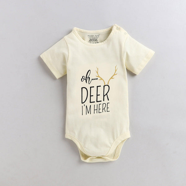 Polka Tots Half Sleeve Rompers Onesie Antibacterial Fabric Deer Cream
