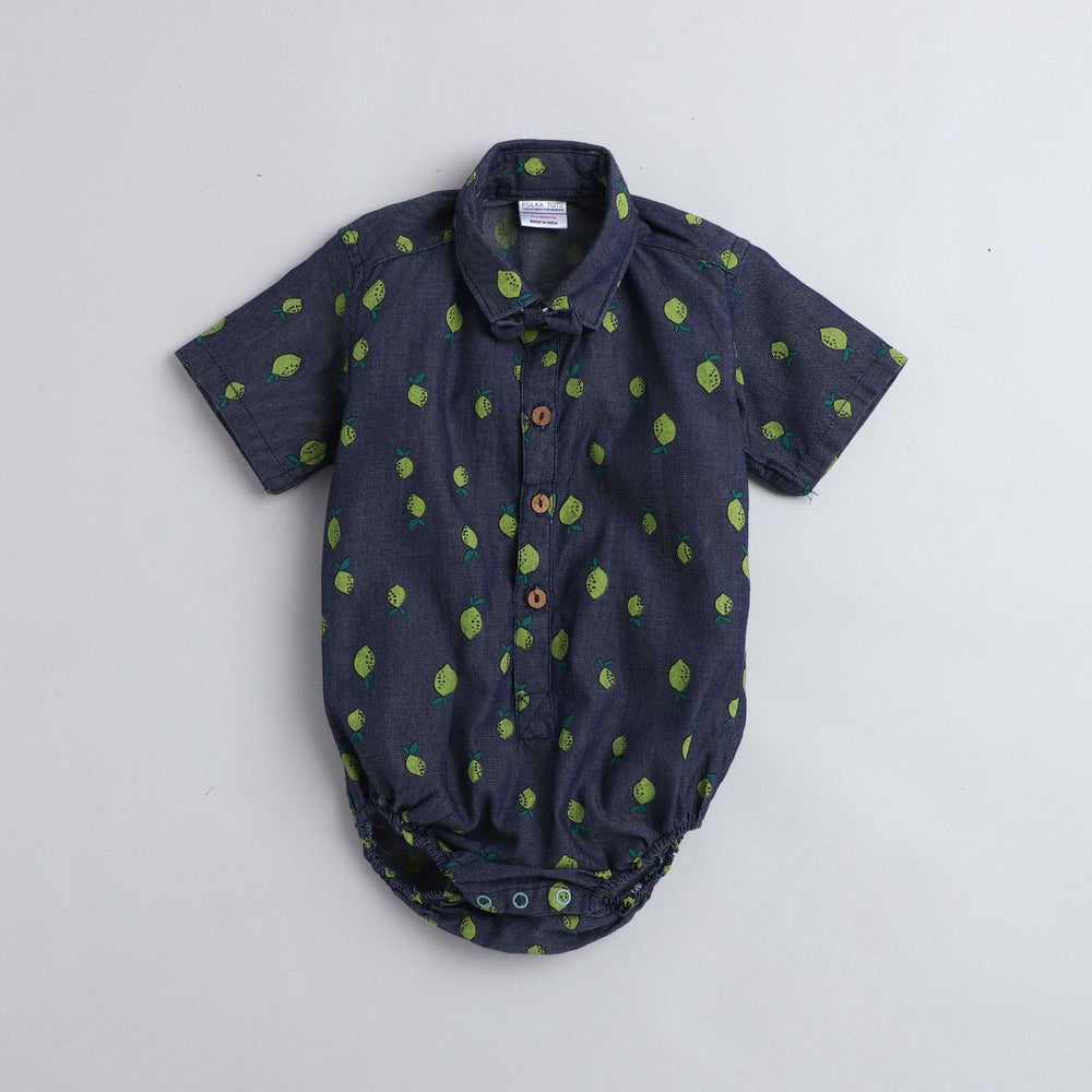 Polka Tots Half Sleeve Onesie Romper Denim All Over Print Guava With Bow Tie Blue